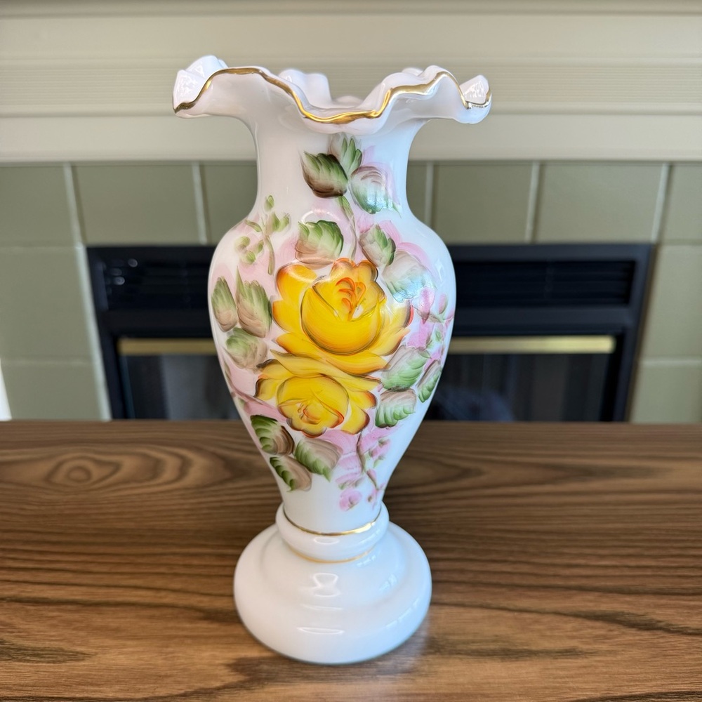 Vintage White Milk Glass Vase with Hand Painted Yellow Roses and Gold Trim